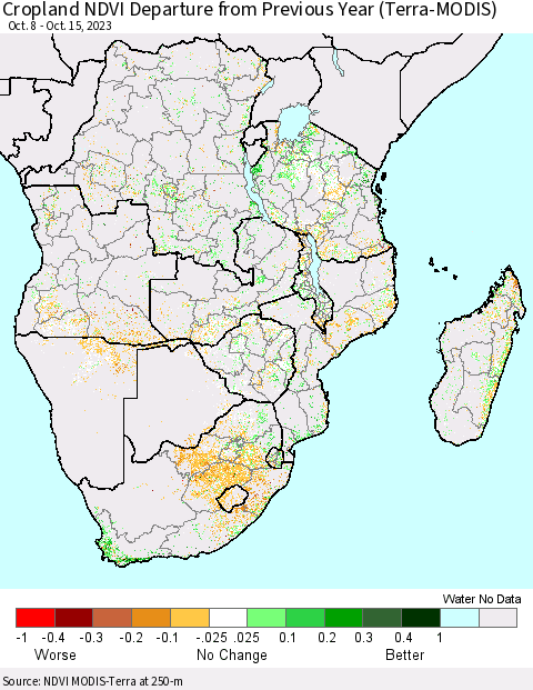 Southern Africa Cropland NDVI Departure from Previous Year (Terra-MODIS) Thematic Map For 10/8/2023 - 10/15/2023