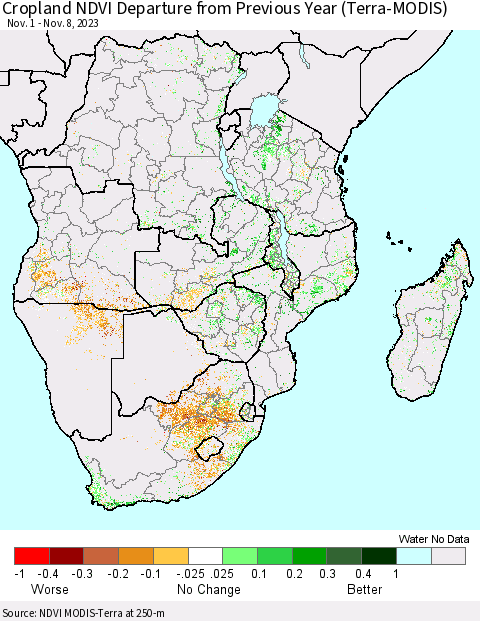 Southern Africa Cropland NDVI Departure from Previous Year (Terra-MODIS) Thematic Map For 11/1/2023 - 11/8/2023