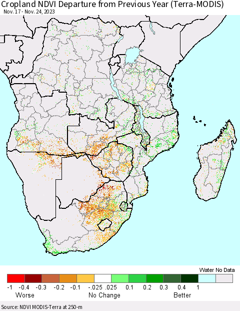 Southern Africa Cropland NDVI Departure from Previous Year (Terra-MODIS) Thematic Map For 11/17/2023 - 11/24/2023