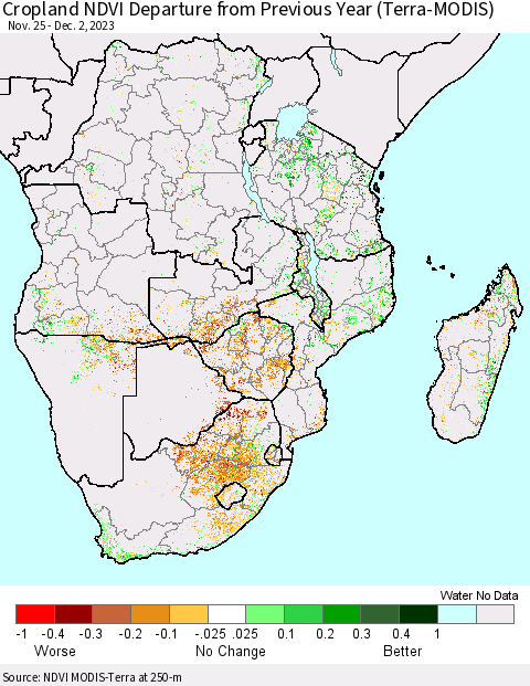 Southern Africa Cropland NDVI Departure from Previous Year (Terra-MODIS) Thematic Map For 11/25/2023 - 12/2/2023