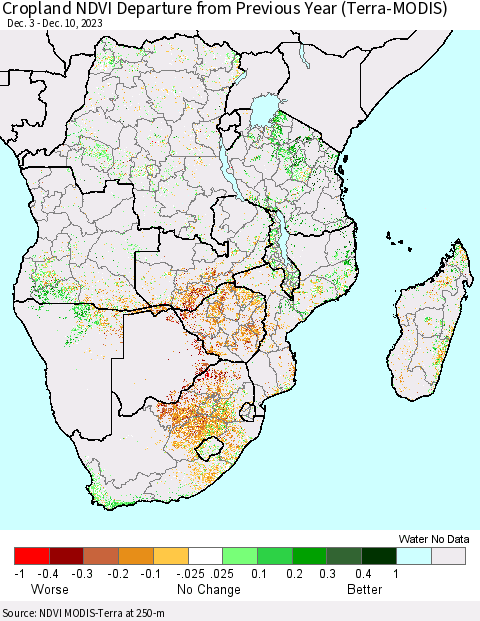 Southern Africa Cropland NDVI Departure from Previous Year (Terra-MODIS) Thematic Map For 12/3/2023 - 12/10/2023