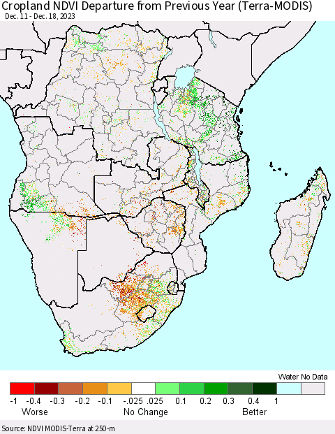 Southern Africa Cropland NDVI Departure from Previous Year (Terra-MODIS) Thematic Map For 12/11/2023 - 12/18/2023