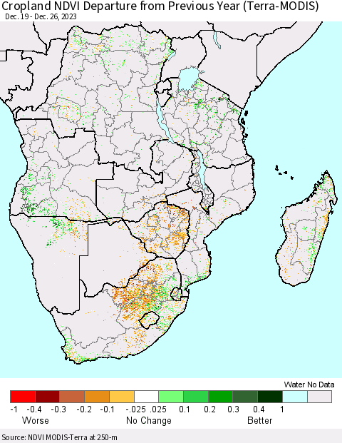 Southern Africa Cropland NDVI Departure from Previous Year (Terra-MODIS) Thematic Map For 12/19/2023 - 12/26/2023