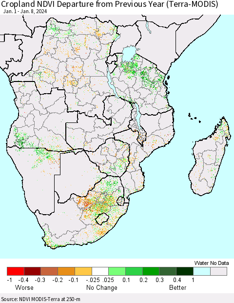 Southern Africa Cropland NDVI Departure from Previous Year (Terra-MODIS) Thematic Map For 1/1/2024 - 1/8/2024