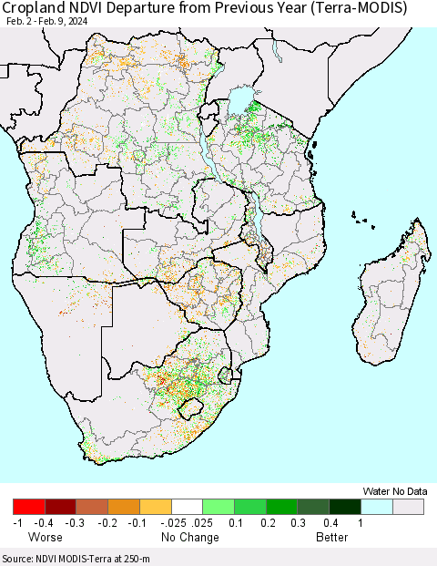 Southern Africa Cropland NDVI Departure from Previous Year (Terra-MODIS) Thematic Map For 2/2/2024 - 2/9/2024