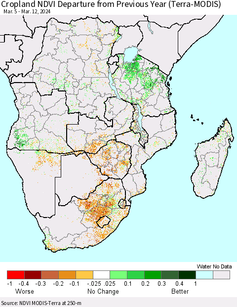 Southern Africa Cropland NDVI Departure from Previous Year (Terra-MODIS) Thematic Map For 3/5/2024 - 3/12/2024
