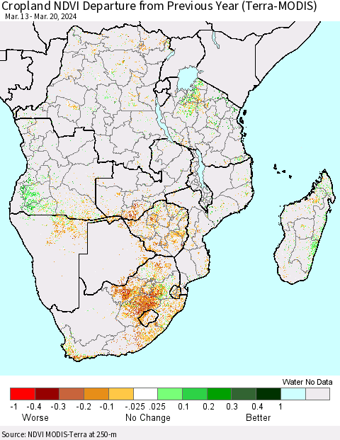 Southern Africa Cropland NDVI Departure from Previous Year (Terra-MODIS) Thematic Map For 3/13/2024 - 3/20/2024