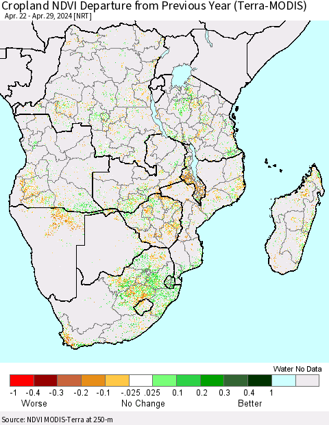 Southern Africa Cropland NDVI Departure from Previous Year (Terra-MODIS) Thematic Map For 4/22/2024 - 4/29/2024