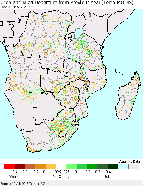 Southern Africa Cropland NDVI Departure from Previous Year (Terra-MODIS) Thematic Map For 4/30/2024 - 5/7/2024