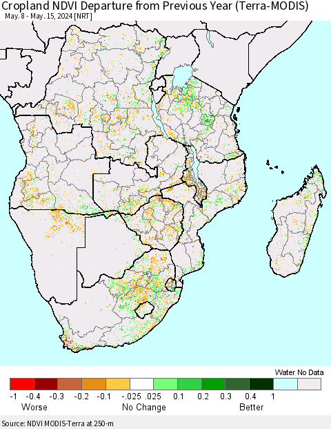 Southern Africa Cropland NDVI Departure from Previous Year (Terra-MODIS) Thematic Map For 5/8/2024 - 5/15/2024