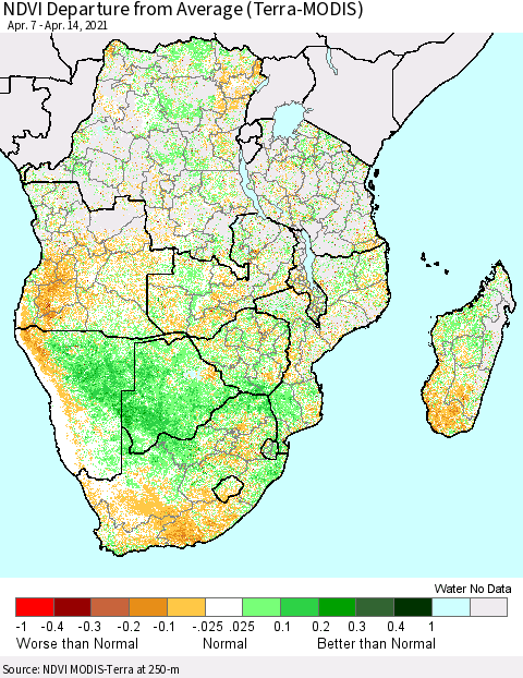 Southern Africa NDVI Departure from Average (Terra-MODIS) Thematic Map For 4/7/2021 - 4/14/2021