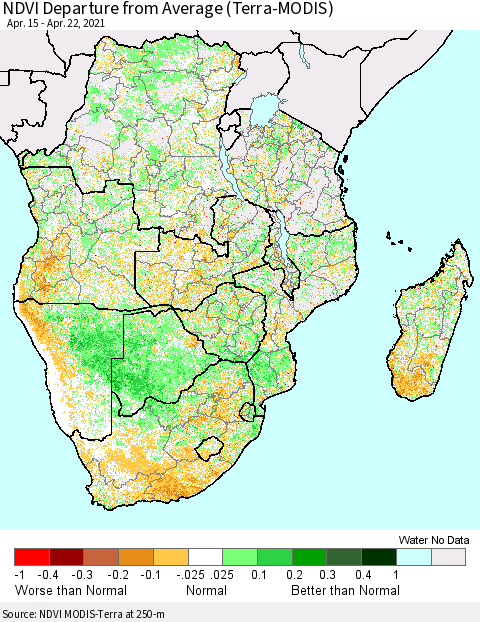 Southern Africa NDVI Departure from Average (Terra-MODIS) Thematic Map For 4/15/2021 - 4/22/2021