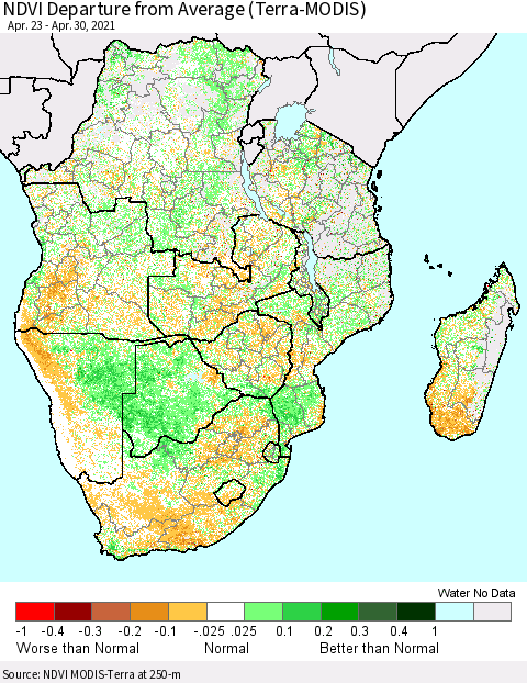 Southern Africa NDVI Departure from Average (Terra-MODIS) Thematic Map For 4/23/2021 - 4/30/2021