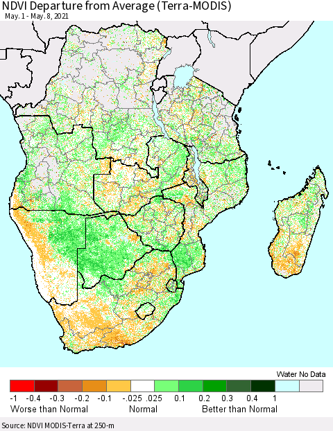 Southern Africa NDVI Departure from Average (Terra-MODIS) Thematic Map For 5/1/2021 - 5/8/2021