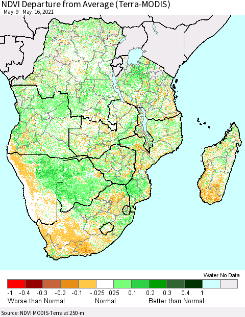 Southern Africa NDVI Departure from Average (Terra-MODIS) Thematic Map For 5/9/2021 - 5/16/2021