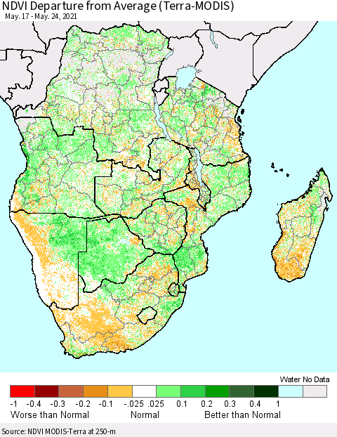 Southern Africa NDVI Departure from Average (Terra-MODIS) Thematic Map For 5/17/2021 - 5/24/2021