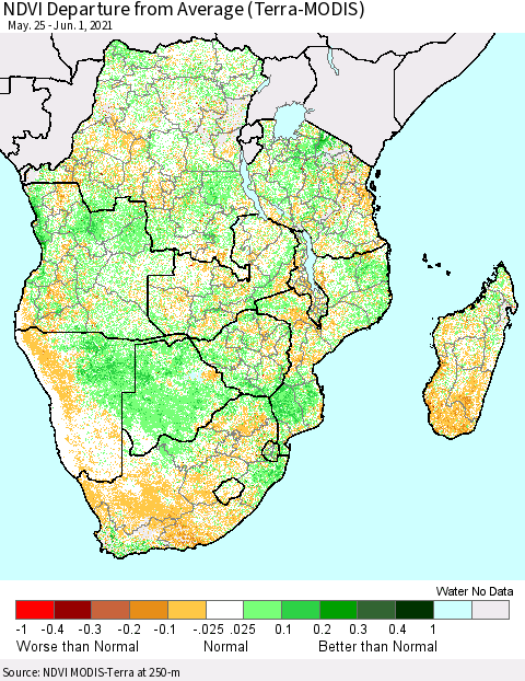 Southern Africa NDVI Departure from Average (Terra-MODIS) Thematic Map For 5/25/2021 - 6/1/2021