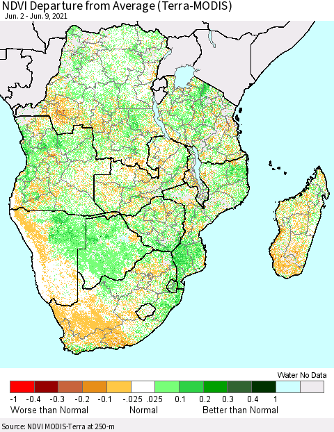 Southern Africa NDVI Departure from Average (Terra-MODIS) Thematic Map For 6/2/2021 - 6/9/2021