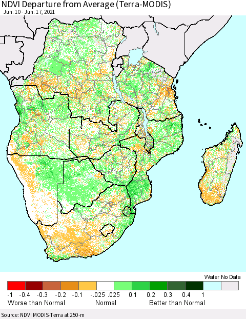 Southern Africa NDVI Departure from Average (Terra-MODIS) Thematic Map For 6/10/2021 - 6/17/2021