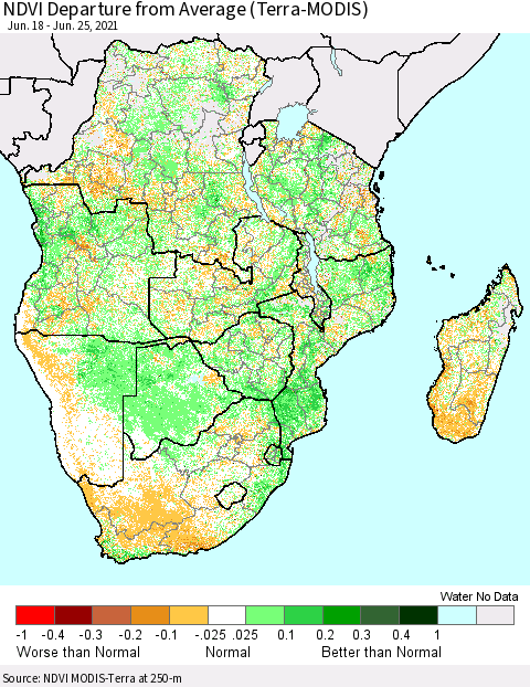Southern Africa NDVI Departure from Average (Terra-MODIS) Thematic Map For 6/18/2021 - 6/25/2021