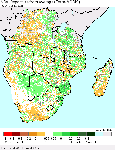 Southern Africa NDVI Departure from Average (Terra-MODIS) Thematic Map For 7/4/2021 - 7/11/2021