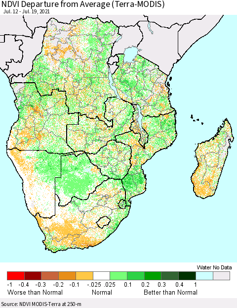 Southern Africa NDVI Departure from Average (Terra-MODIS) Thematic Map For 7/12/2021 - 7/19/2021