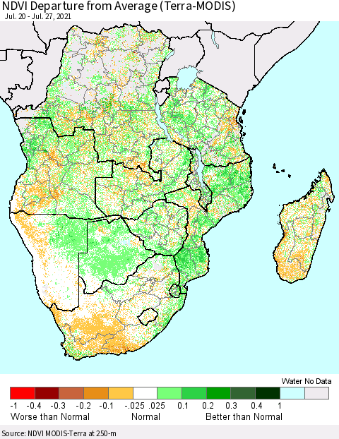 Southern Africa NDVI Departure from Average (Terra-MODIS) Thematic Map For 7/20/2021 - 7/27/2021