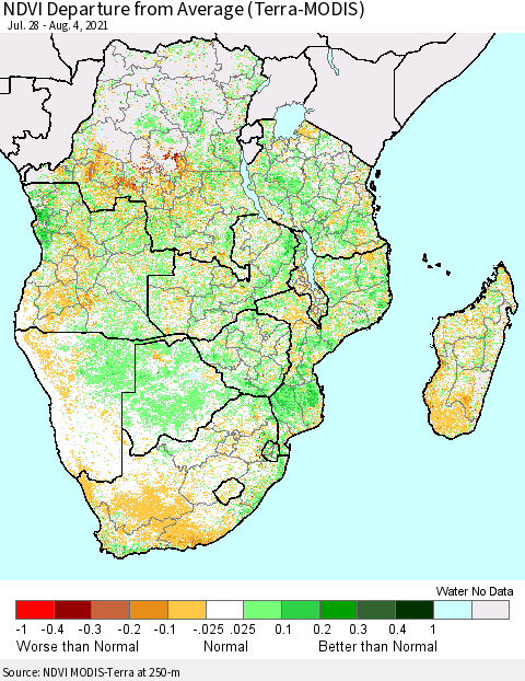 Southern Africa NDVI Departure from Average (Terra-MODIS) Thematic Map For 7/28/2021 - 8/4/2021