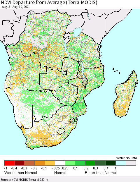 Southern Africa NDVI Departure from Average (Terra-MODIS) Thematic Map For 8/5/2021 - 8/12/2021