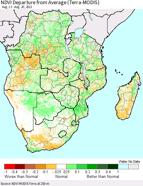 Southern Africa NDVI Departure from Average (Terra-MODIS) Thematic Map For 8/13/2021 - 8/20/2021