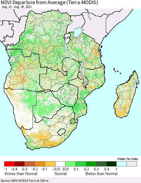 Southern Africa NDVI Departure from Average (Terra-MODIS) Thematic Map For 8/21/2021 - 8/28/2021