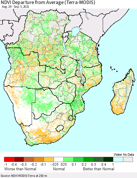 Southern Africa NDVI Departure from Average (Terra-MODIS) Thematic Map For 8/29/2021 - 9/5/2021