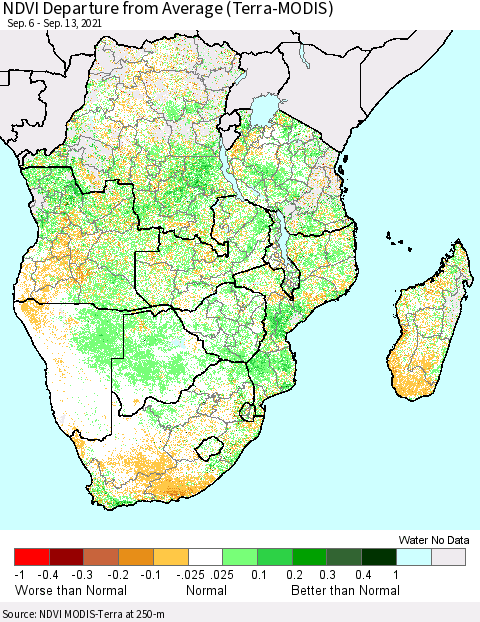 Southern Africa NDVI Departure from Average (Terra-MODIS) Thematic Map For 9/6/2021 - 9/13/2021