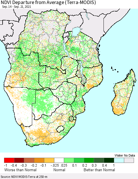 Southern Africa NDVI Departure from Average (Terra-MODIS) Thematic Map For 9/14/2021 - 9/21/2021