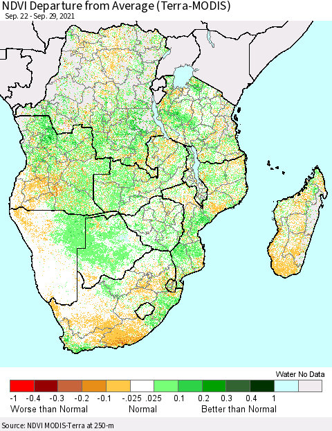 Southern Africa NDVI Departure from Average (Terra-MODIS) Thematic Map For 9/22/2021 - 9/29/2021