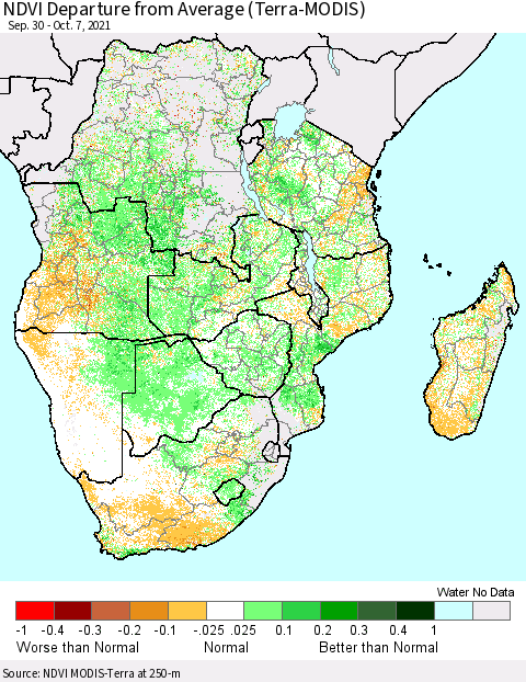 Southern Africa NDVI Departure from Average (Terra-MODIS) Thematic Map For 9/30/2021 - 10/7/2021