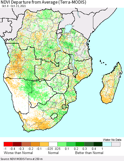 Southern Africa NDVI Departure from Average (Terra-MODIS) Thematic Map For 10/8/2021 - 10/15/2021