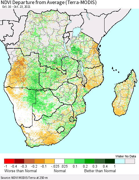 Southern Africa NDVI Departure from Average (Terra-MODIS) Thematic Map For 10/16/2021 - 10/23/2021