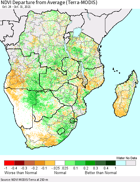 Southern Africa NDVI Departure from Average (Terra-MODIS) Thematic Map For 10/24/2021 - 10/31/2021