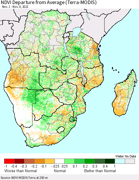 Southern Africa NDVI Departure from Average (Terra-MODIS) Thematic Map For 11/1/2021 - 11/8/2021