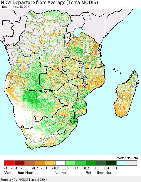 Southern Africa NDVI Departure from Average (Terra-MODIS) Thematic Map For 11/9/2021 - 11/16/2021