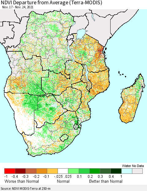 Southern Africa NDVI Departure from Average (Terra-MODIS) Thematic Map For 11/17/2021 - 11/24/2021