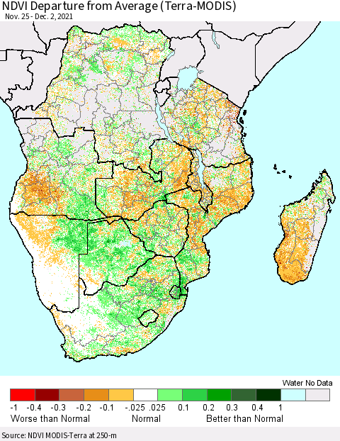 Southern Africa NDVI Departure from Average (Terra-MODIS) Thematic Map For 11/25/2021 - 12/2/2021