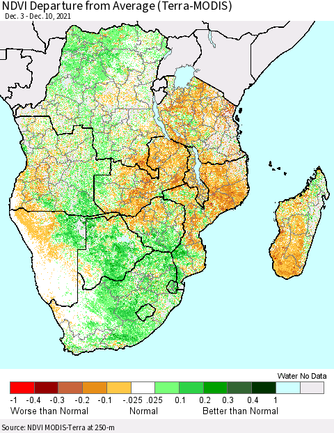 Southern Africa NDVI Departure from Average (Terra-MODIS) Thematic Map For 12/3/2021 - 12/10/2021