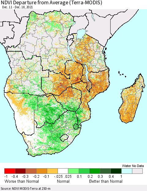 Southern Africa NDVI Departure from Average (Terra-MODIS) Thematic Map For 12/11/2021 - 12/18/2021
