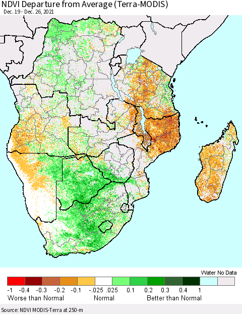 Southern Africa NDVI Departure from Average (Terra-MODIS) Thematic Map For 12/19/2021 - 12/26/2021