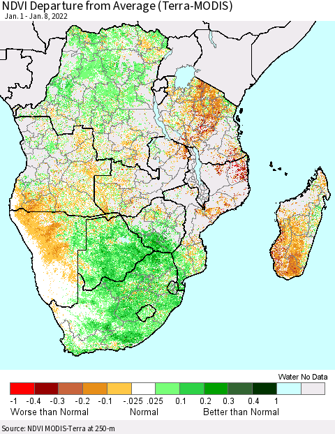 Southern Africa NDVI Departure from Average (Terra-MODIS) Thematic Map For 1/1/2022 - 1/8/2022