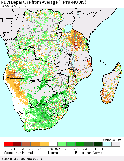 Southern Africa NDVI Departure from Average (Terra-MODIS) Thematic Map For 1/9/2022 - 1/16/2022