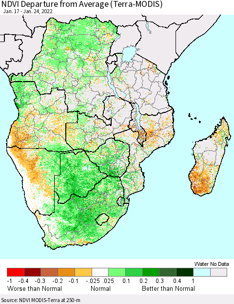 Southern Africa NDVI Departure from Average (Terra-MODIS) Thematic Map For 1/17/2022 - 1/24/2022