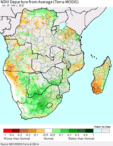 Southern Africa NDVI Departure from Average (Terra-MODIS) Thematic Map For 1/25/2022 - 2/1/2022